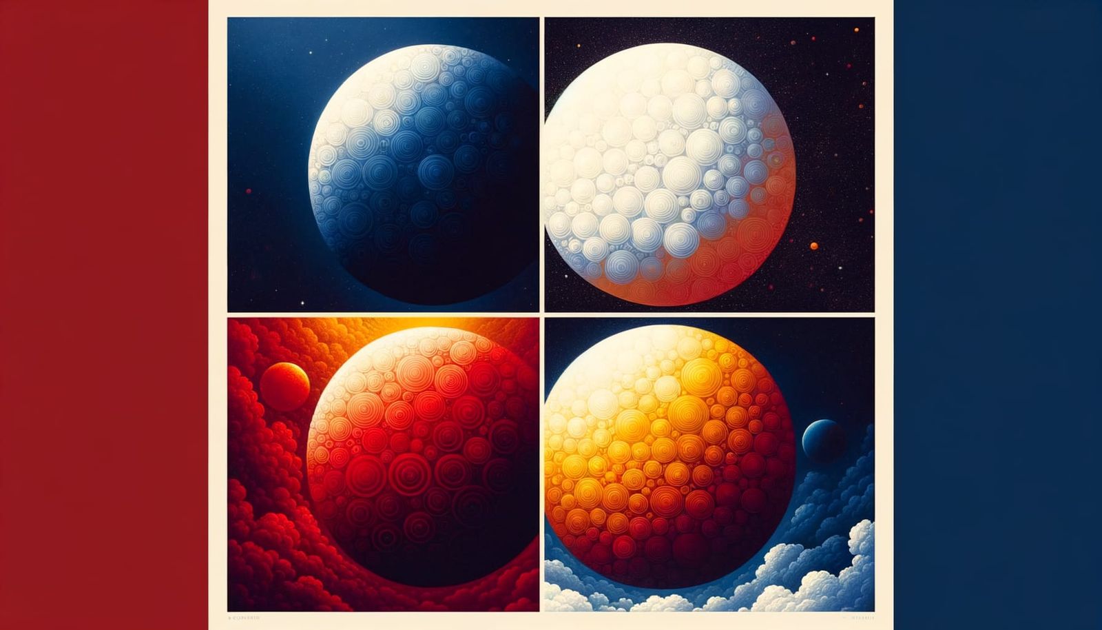 Four Color Panel Composition: Blue, White, Crimson, Yellow