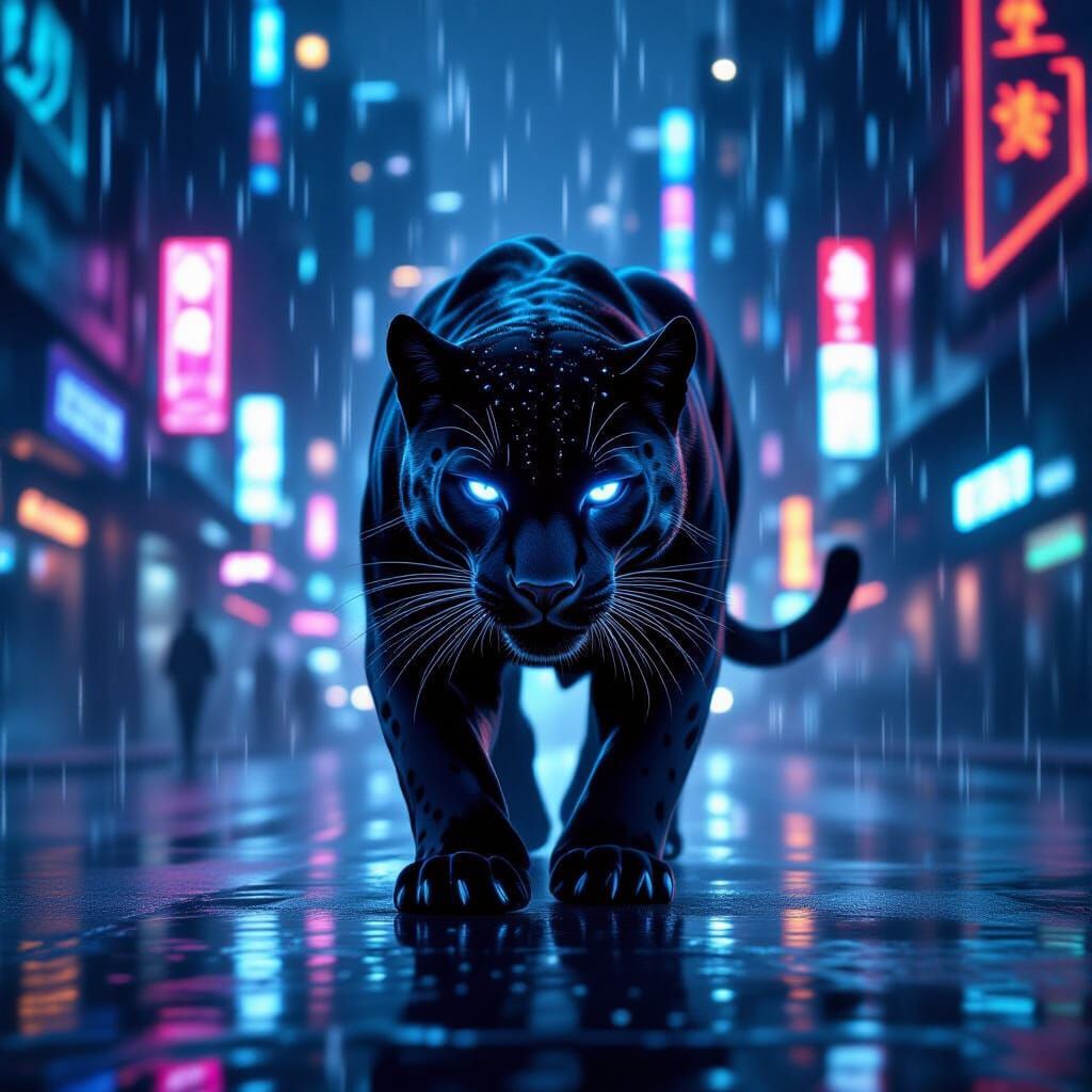 Cyberpunk Panther Prowls Neon City at Night