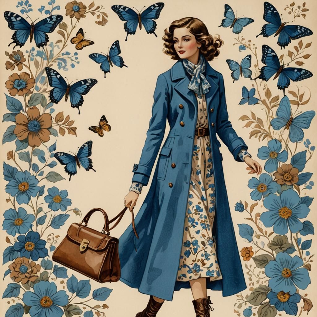Vintage Fashion Illustration of Woman in Blue Coat
