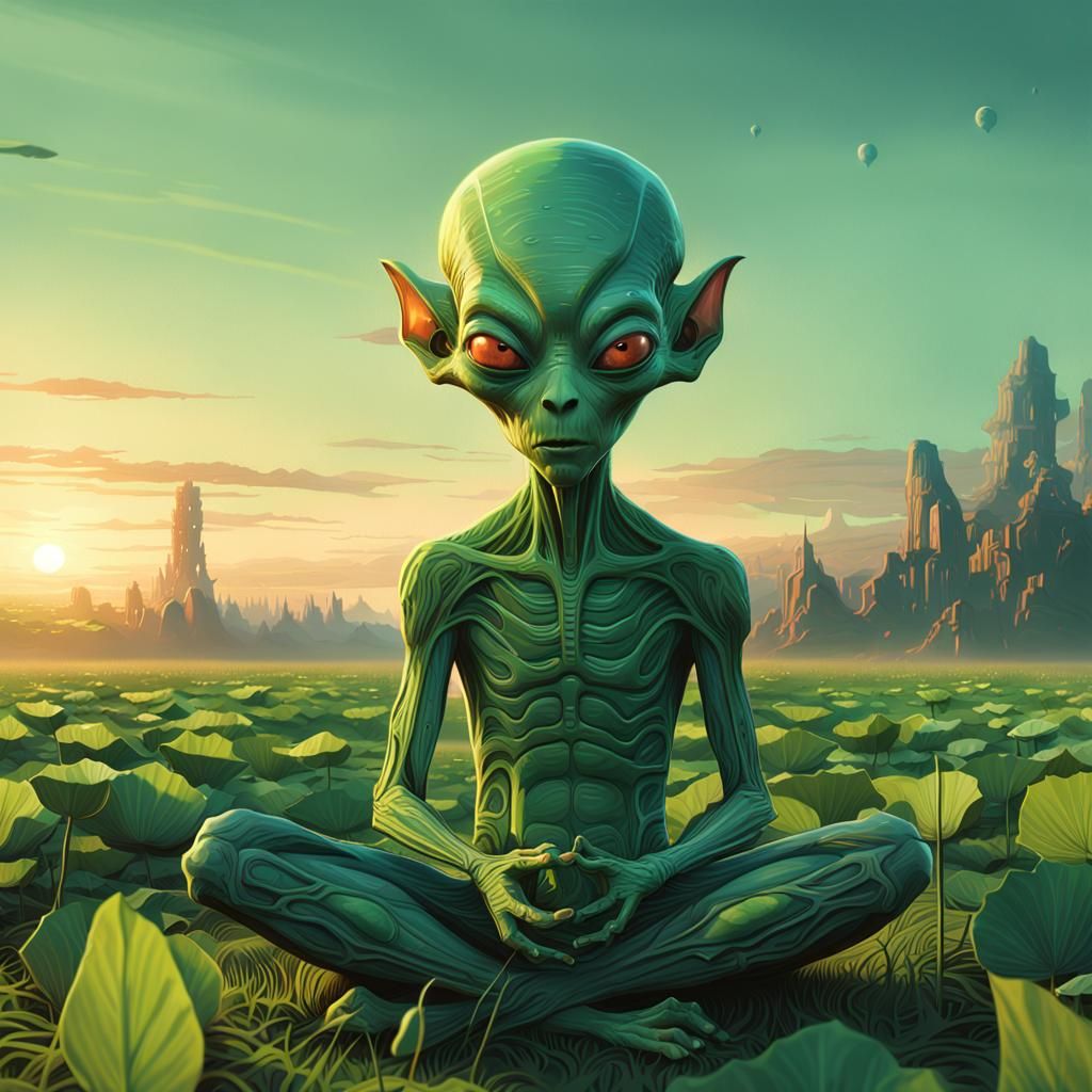 Meditating Green Alien on Peaceful Field at Sunrise