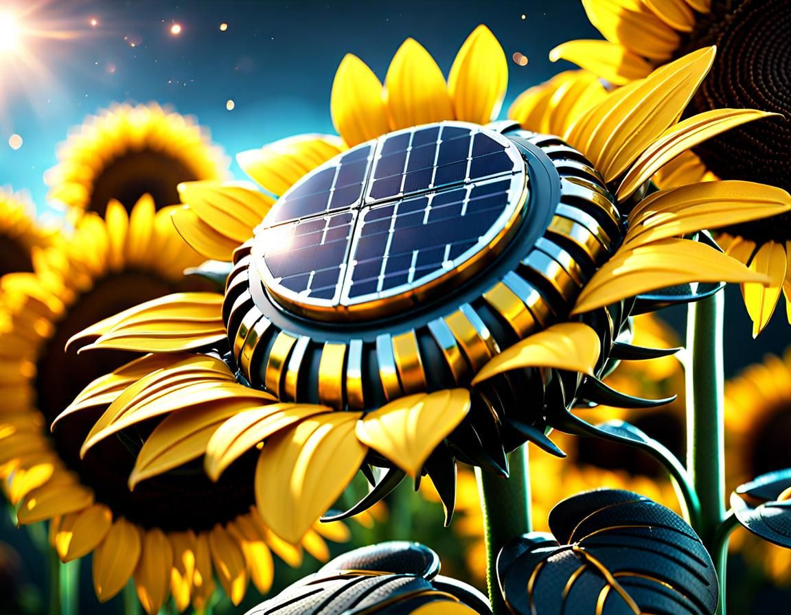 Futuristic Sunflower Solar Panel in Orchard, Sci-Fi Art