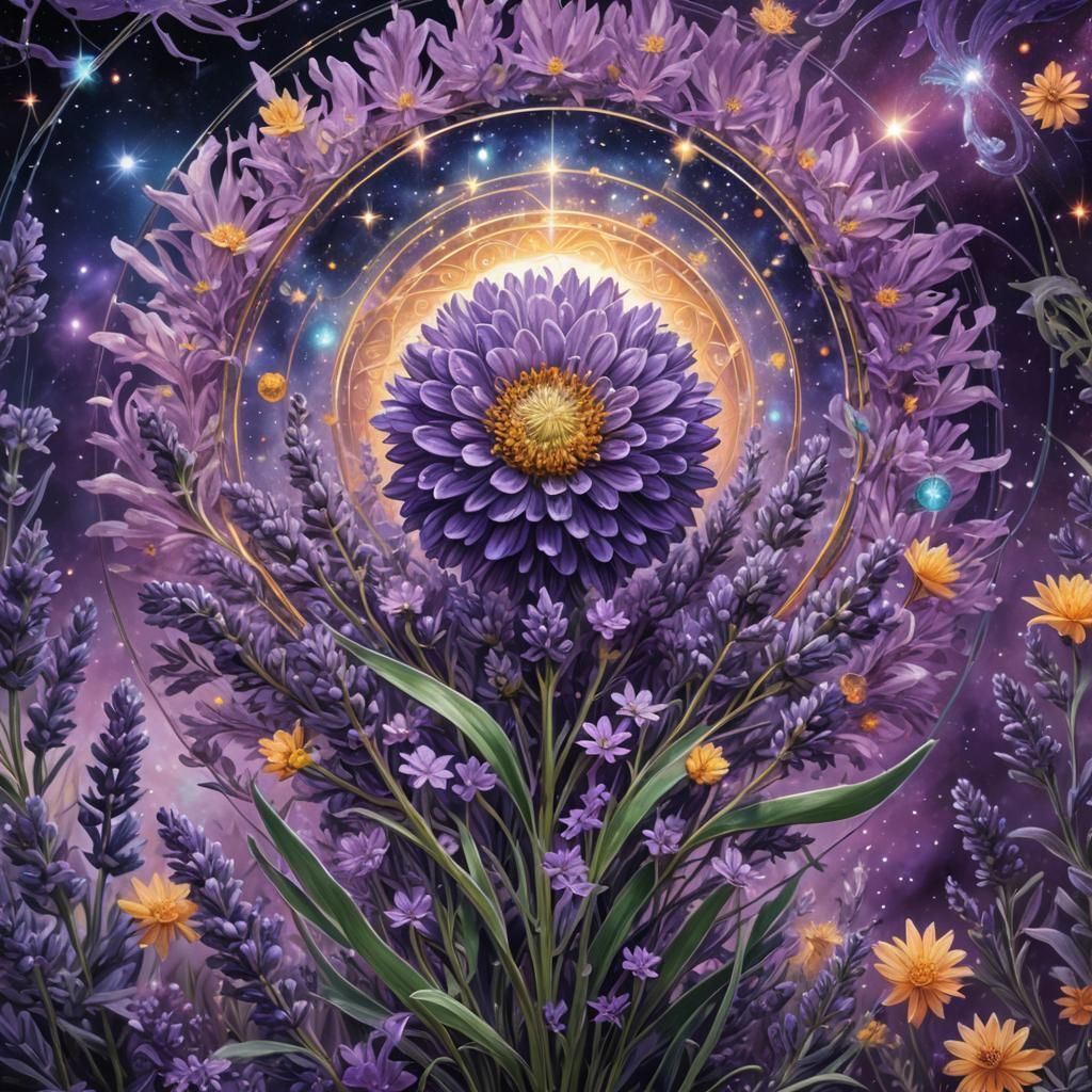 Astral Lavender Flower: Holographic Cosmic Illustration