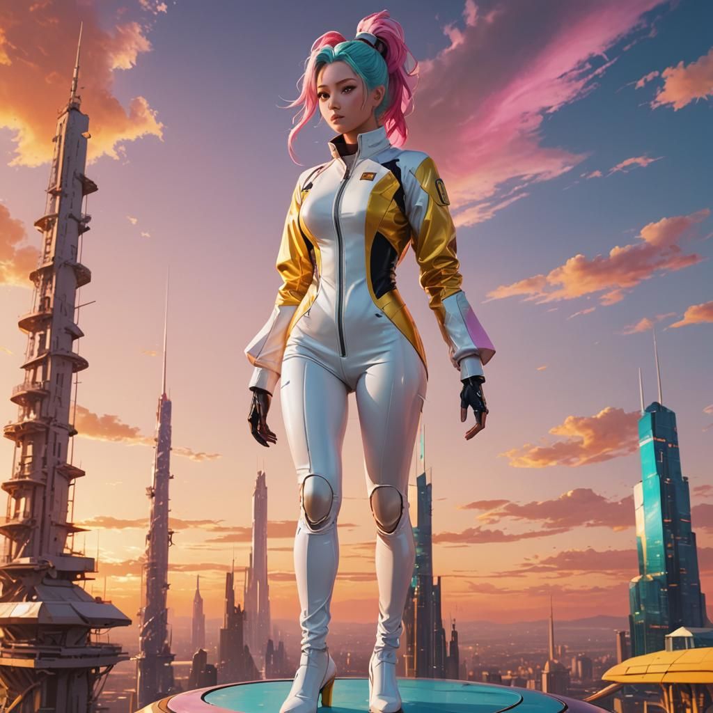Anime Woman on Futuristic Tower at Sunset