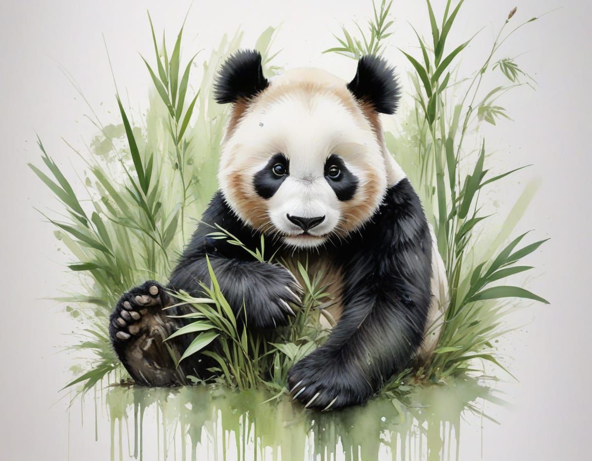 Serene Giant Panda in Watercolour Amidst Bamboo