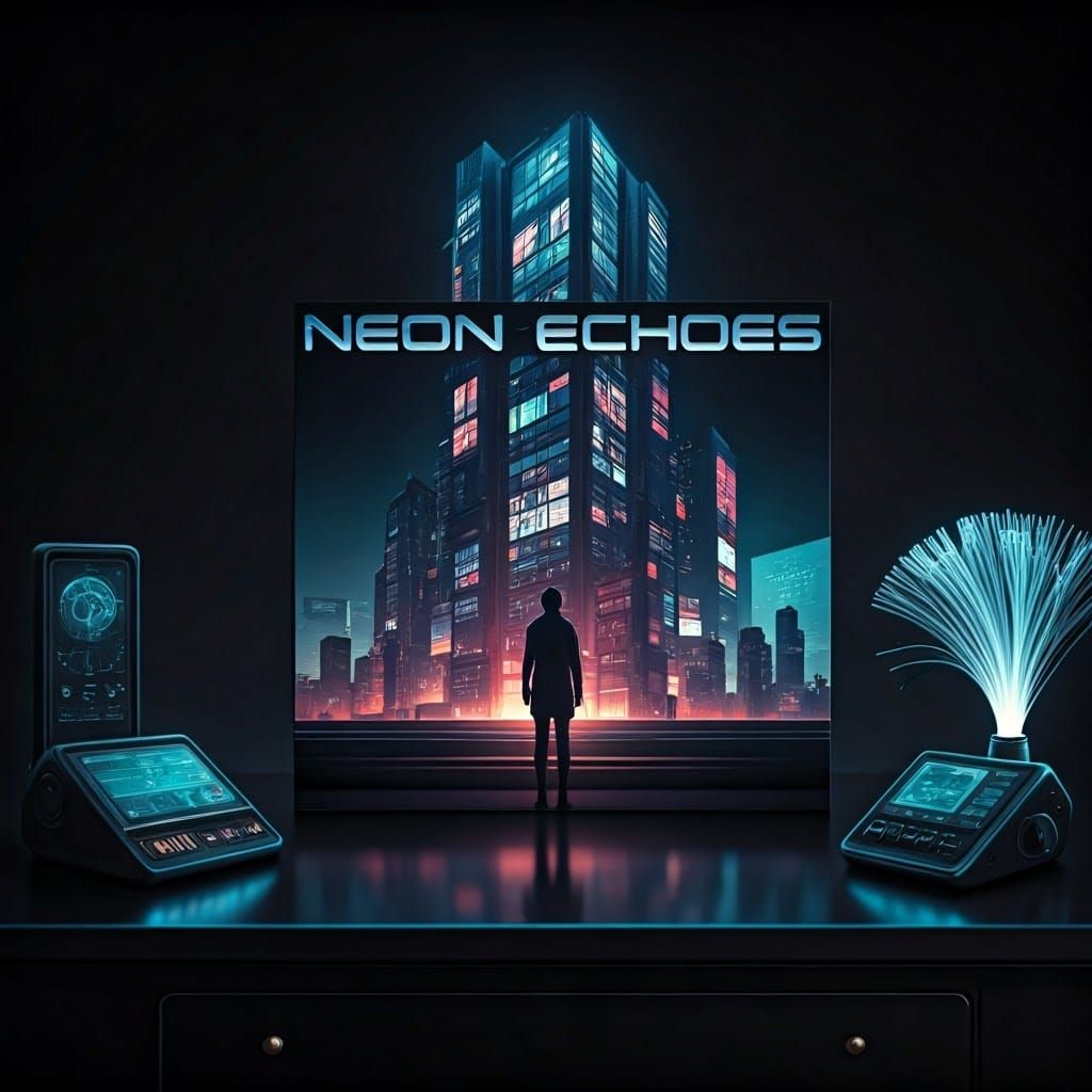 Futuristic Cityscape Vinyl Record Cover in Cyberpunk Style