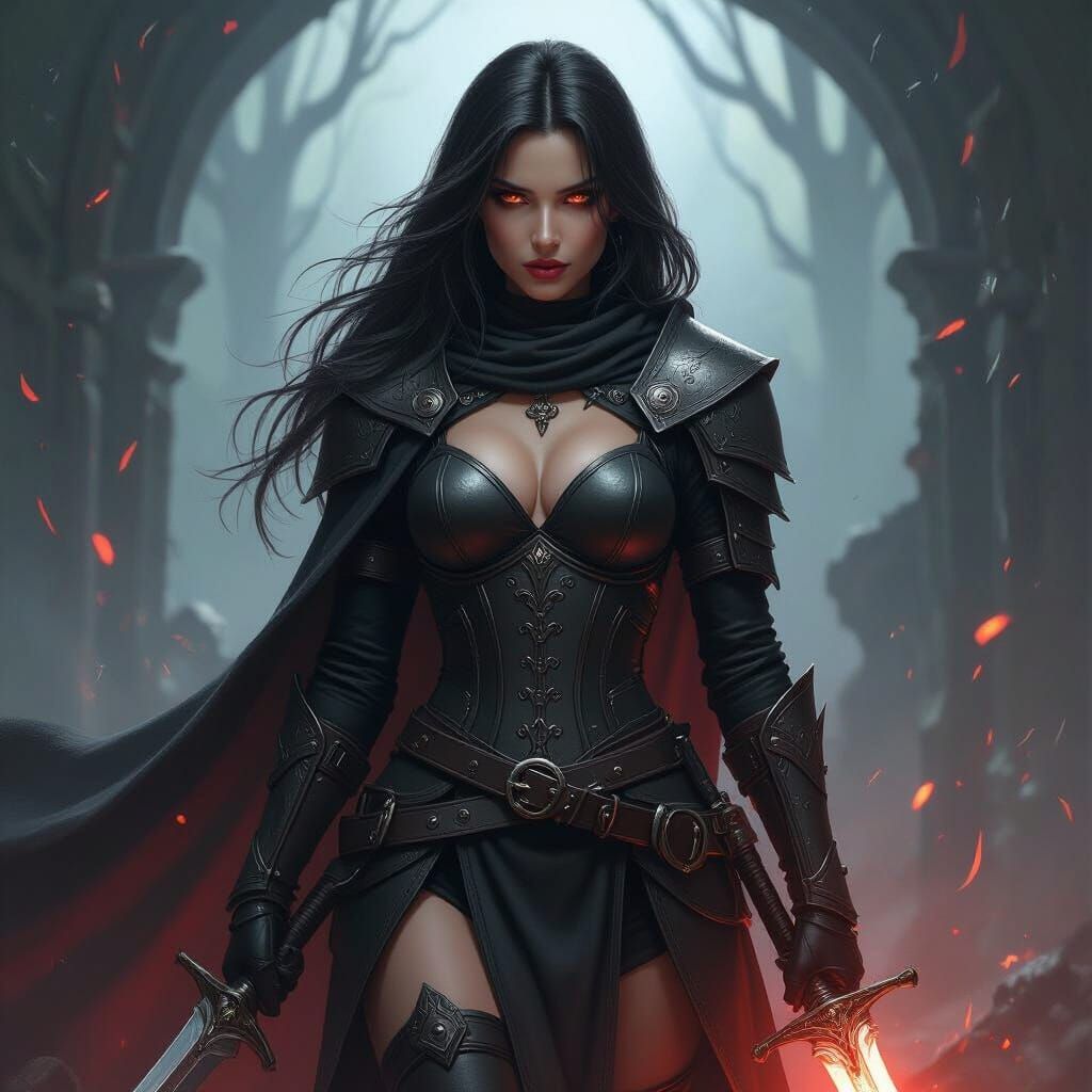 Fantasy Warrior Woman in Dark Mystical Landscape