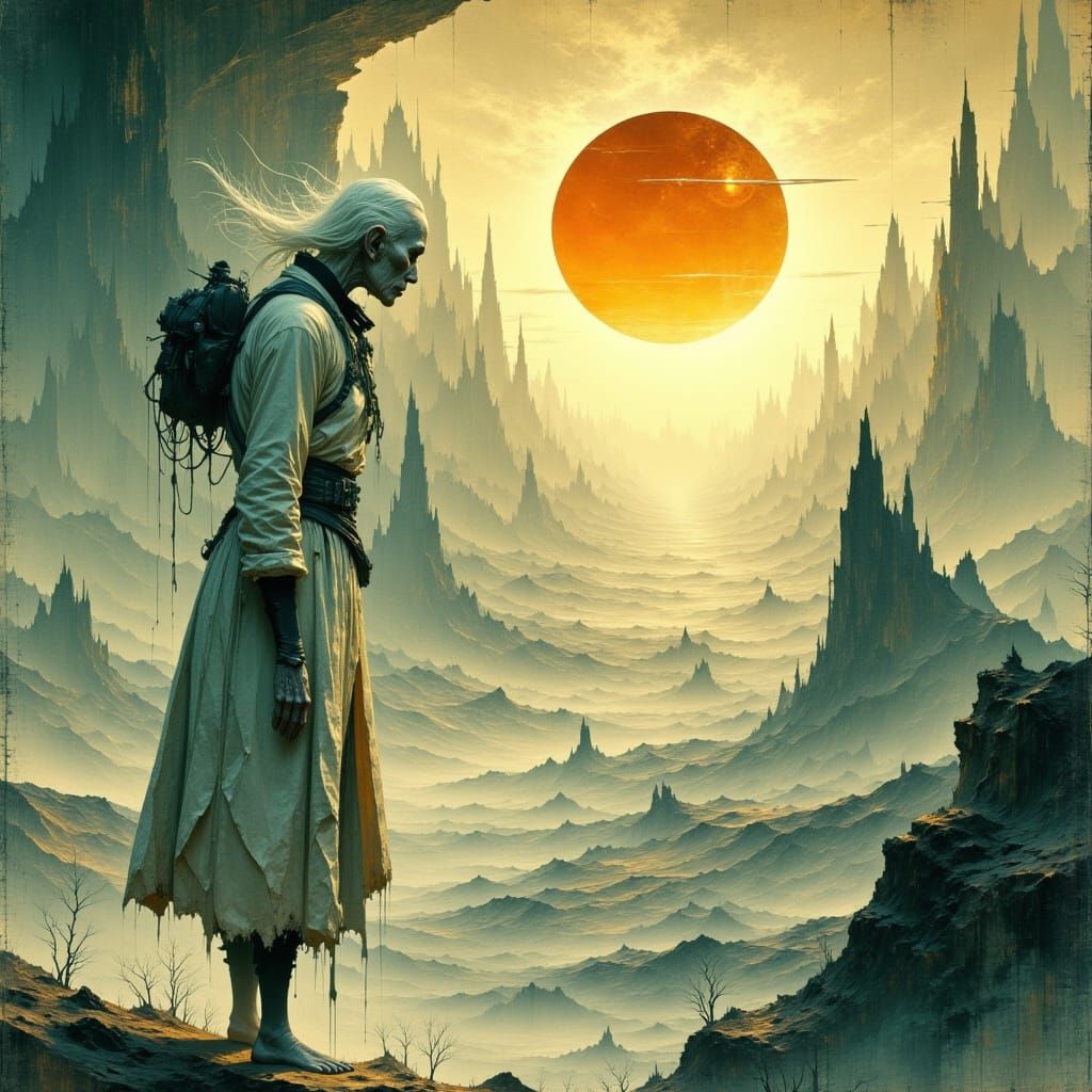 Elderly Figure Contemplates a Gargantuan Solar Disk in a Des...