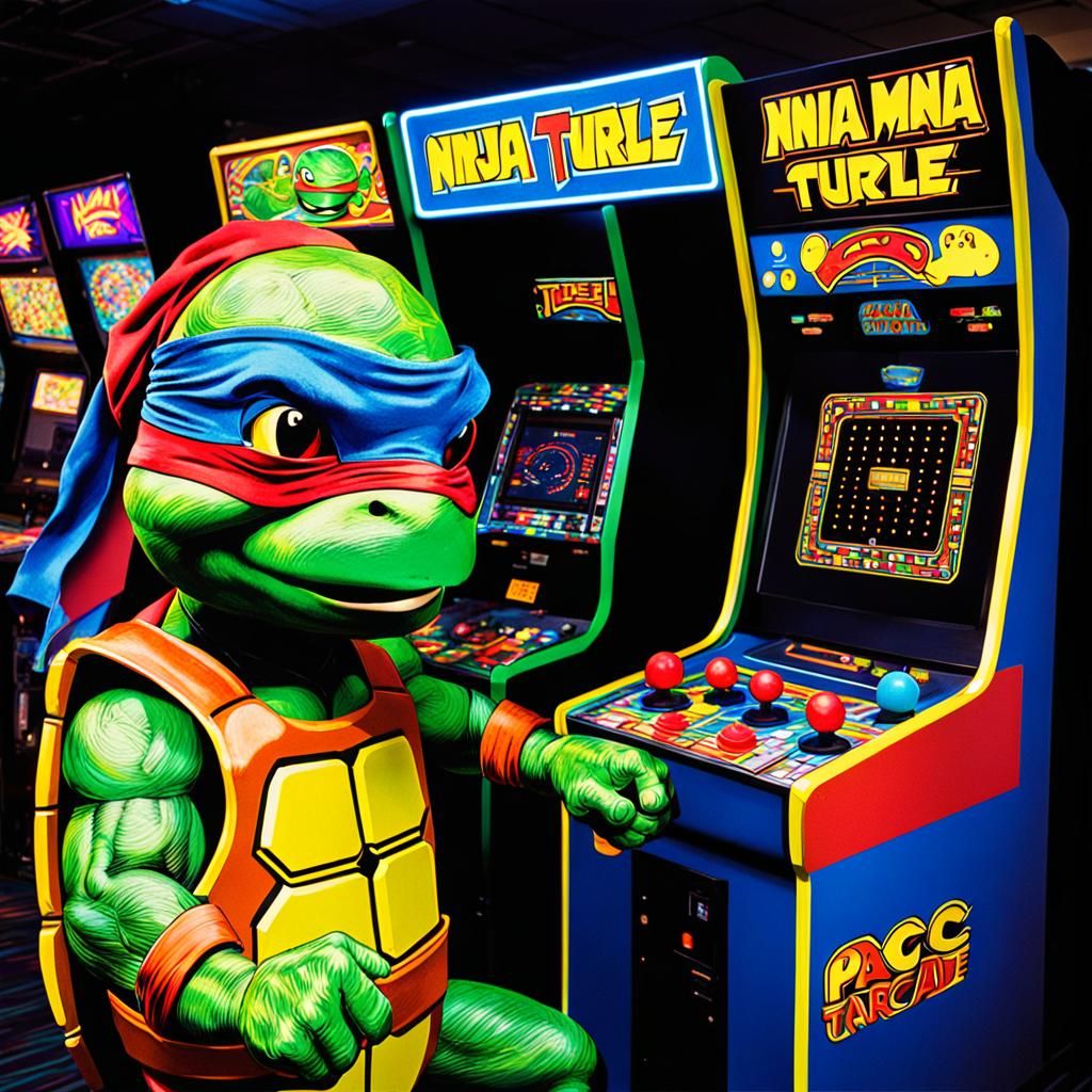 Groovy Ninja Turtle Plays Pac-Man in 1970s Arcade