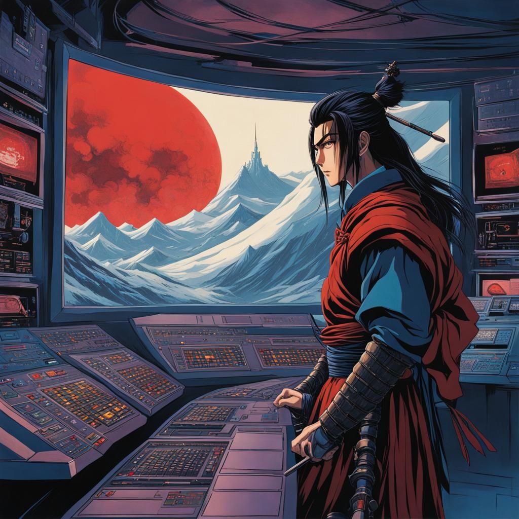 A samurai in a control room, in parallel space time
