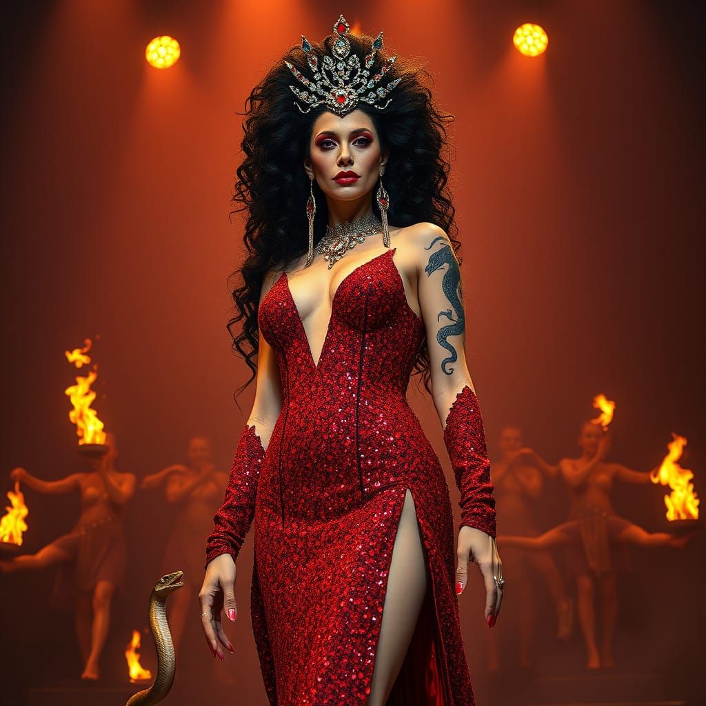 Eccentric Giant Woman on Stage in Vivid Colors