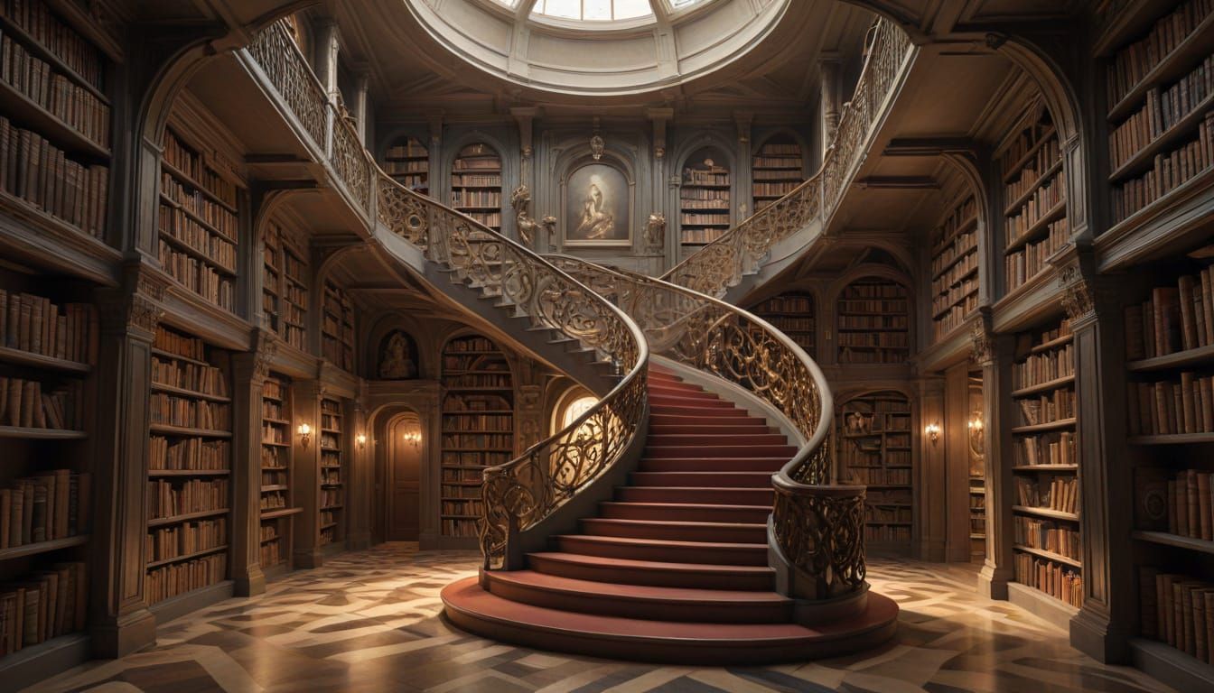 Surreal Library with Infinite Shelves: A Dreamlike Scene