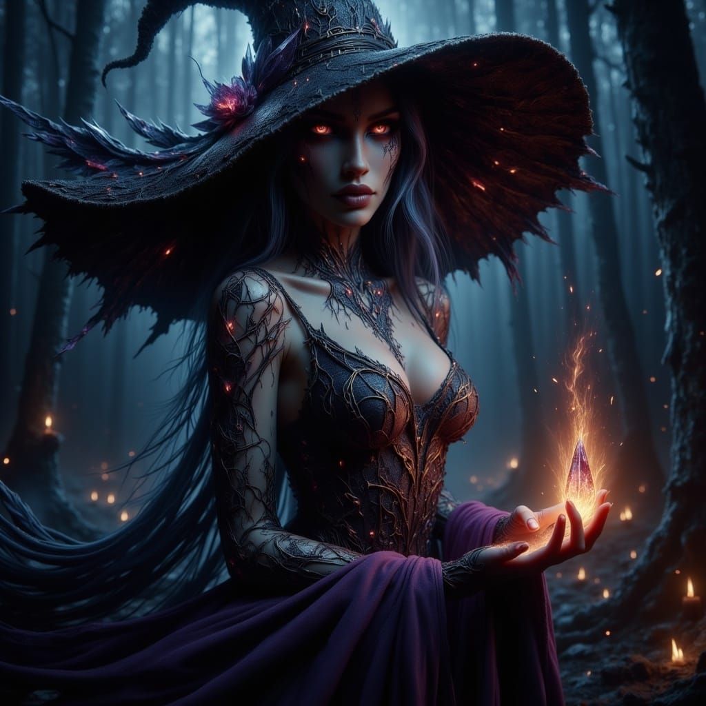 <lora:-Omnious-:1.0> A beautiful witch wearing a black witch hate, gilded gold swirl pattern. A flowing dark purple dres...
