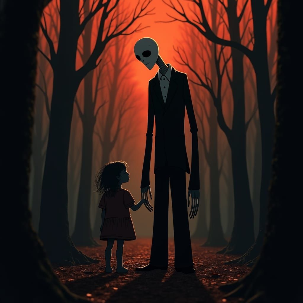 Scary Slenderman and Little Girl in Dark Forest