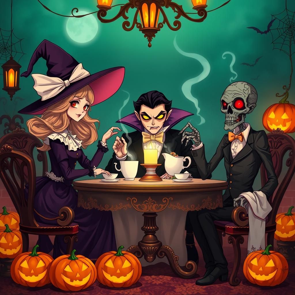 Whimsical Anime Halloween Tea Party in Eerie Manga Style