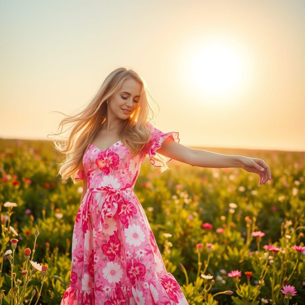 Woman Dancing in Sunlit Field of Flowers