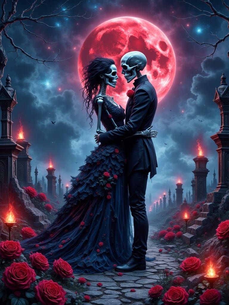 Gothic Skeleton Lovers Embrace Under Blood Moon