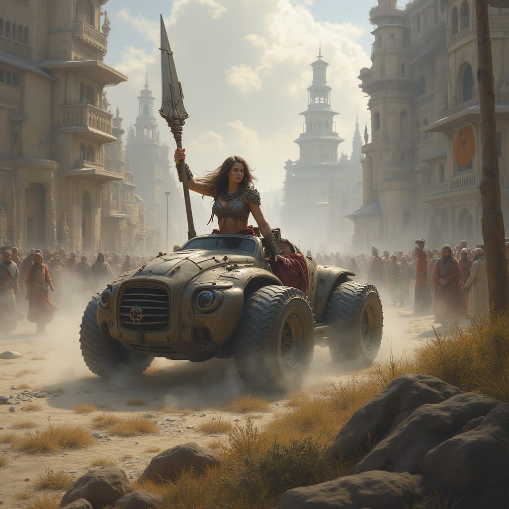 Female Warrior Drives Futuristic Car in Prehistoric City
