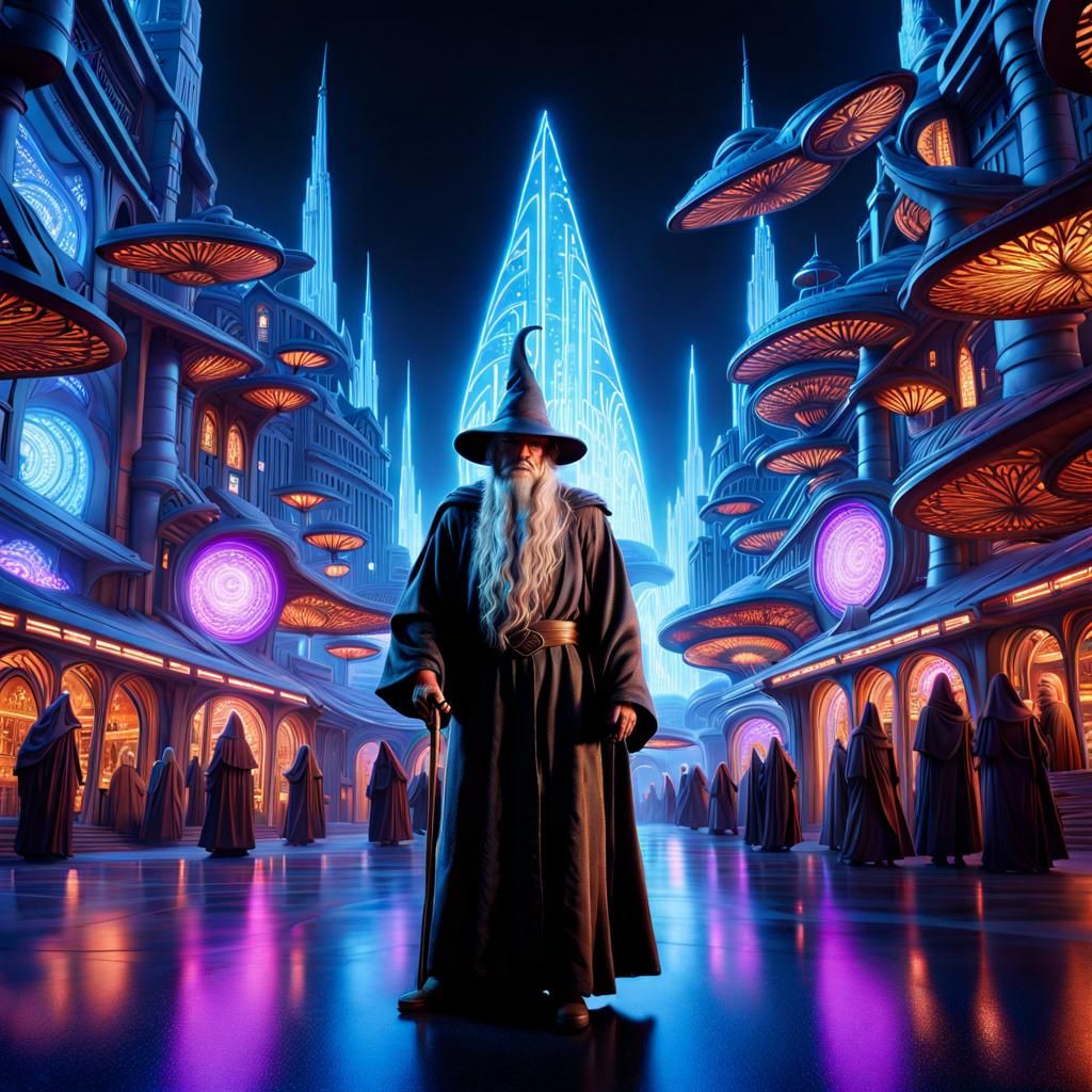 A Medieval Wizard in modern Sci-fi Fusion futuristic Mushroom city world