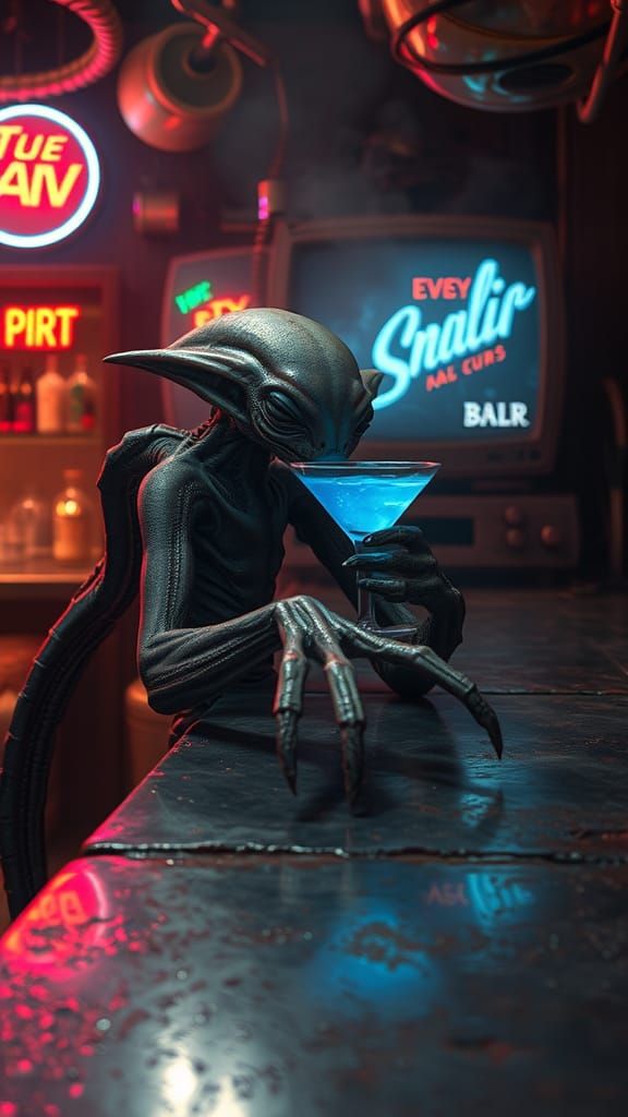 Alien Slumped at Bar in Retro-Futuristic Scene