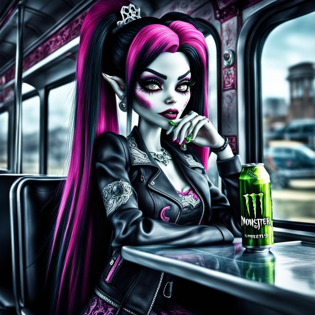 dark emo draculaura monster high drinking a monster energy drink on the bus looking out the window (fail?)