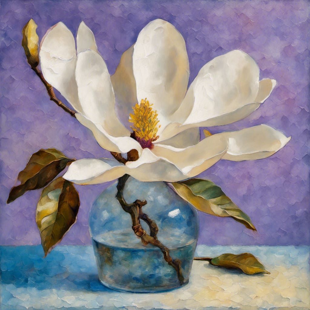 Magnolia Still Life in Impasto Expressionist Style