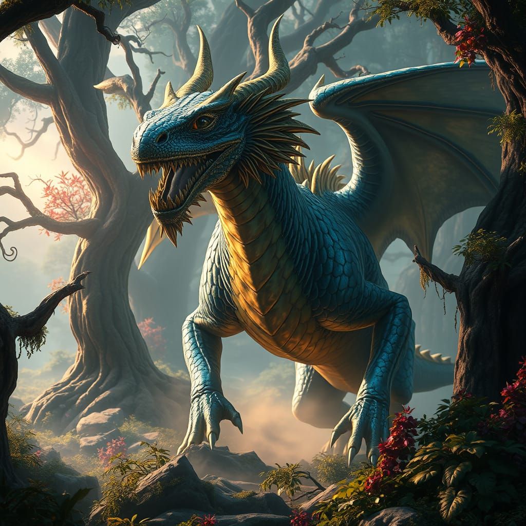Mystical Nahvir Dragon Beast Emerges from Ancient Forest