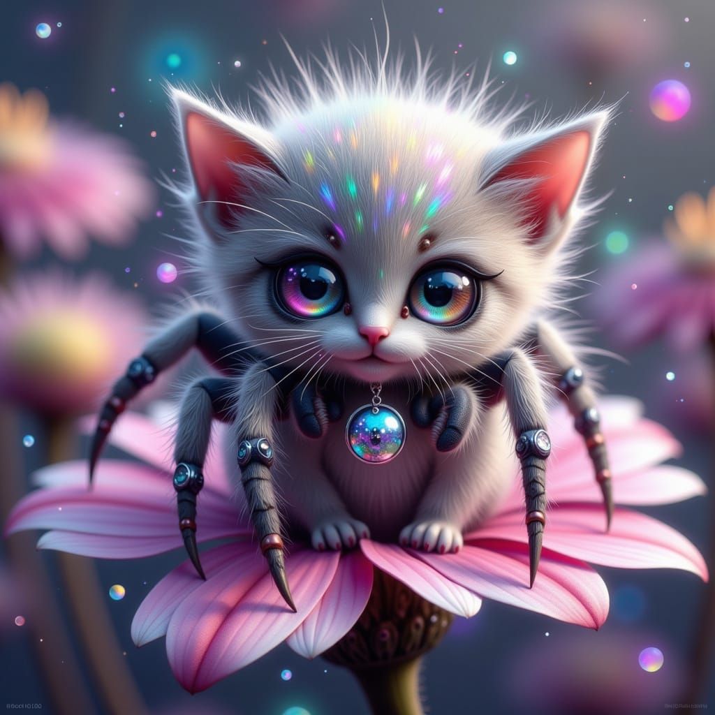Whimsical Fae Kitten Sits on a Delicate Flower Petal in a Hy...
