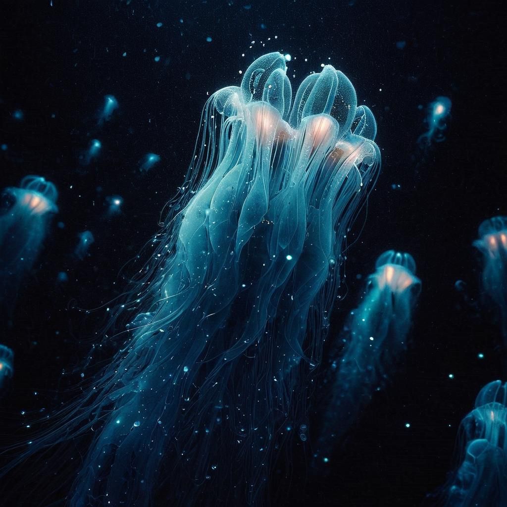Bioluminescent Siphonophore in Ocean Microphotograph