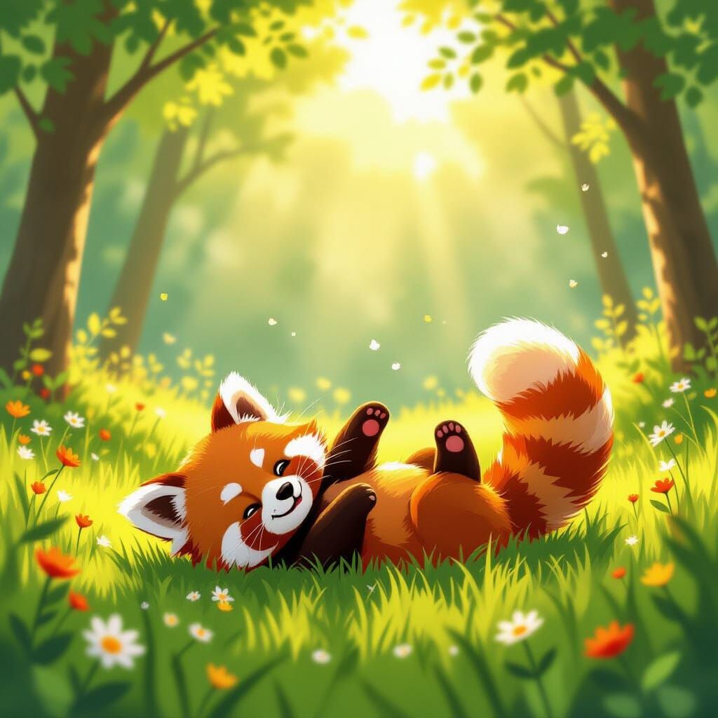 Kawaii Red Panda Rolls in Sunny Meadow