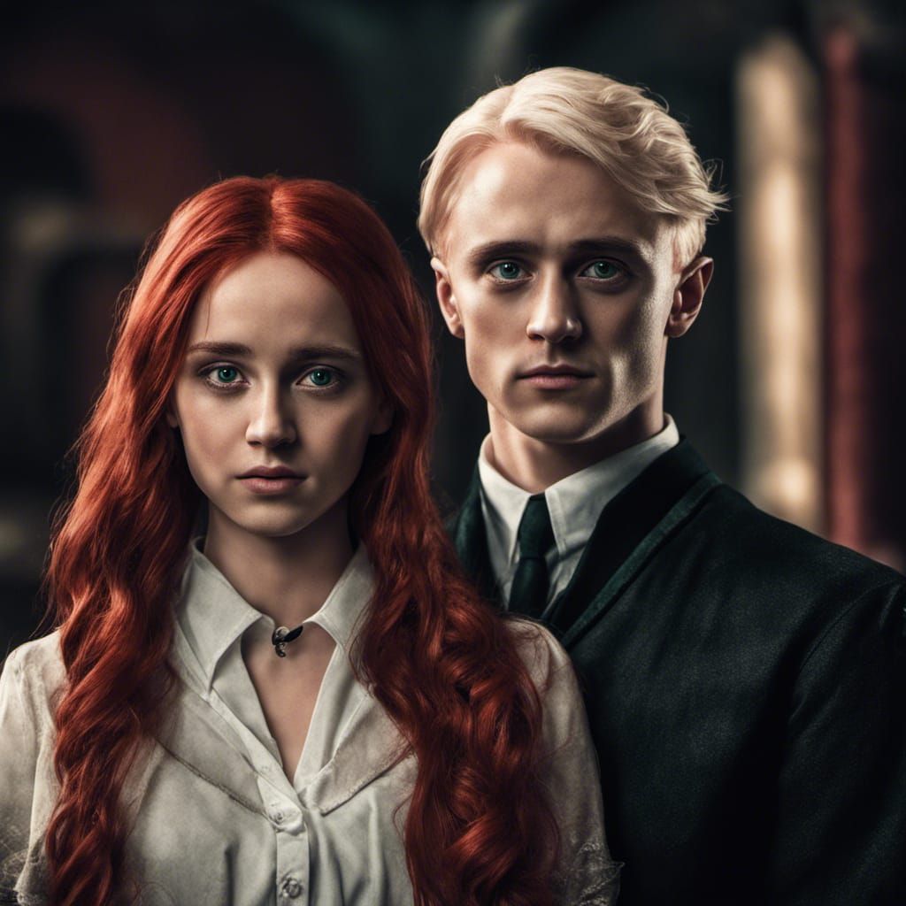 Draco Malfoy with Red-Haired Girlfriend: Hyperrealistic Port...