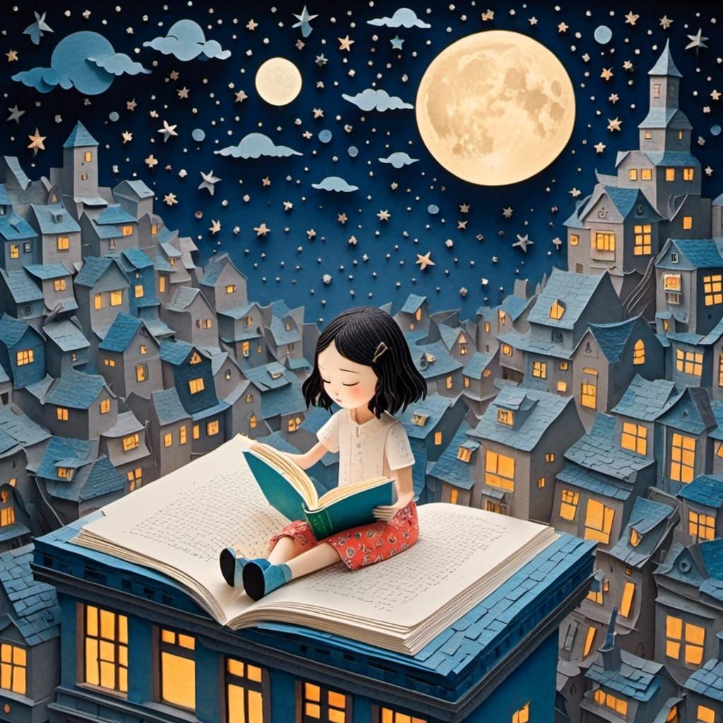 Whimsical Paper Kirigami Girl Reading on Rooftop