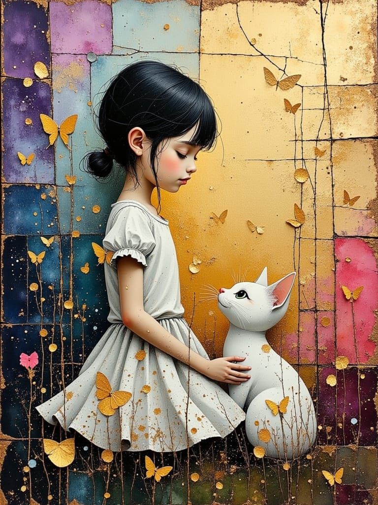 Girl, Cat, and Butterflies: Colorful Oil Painting