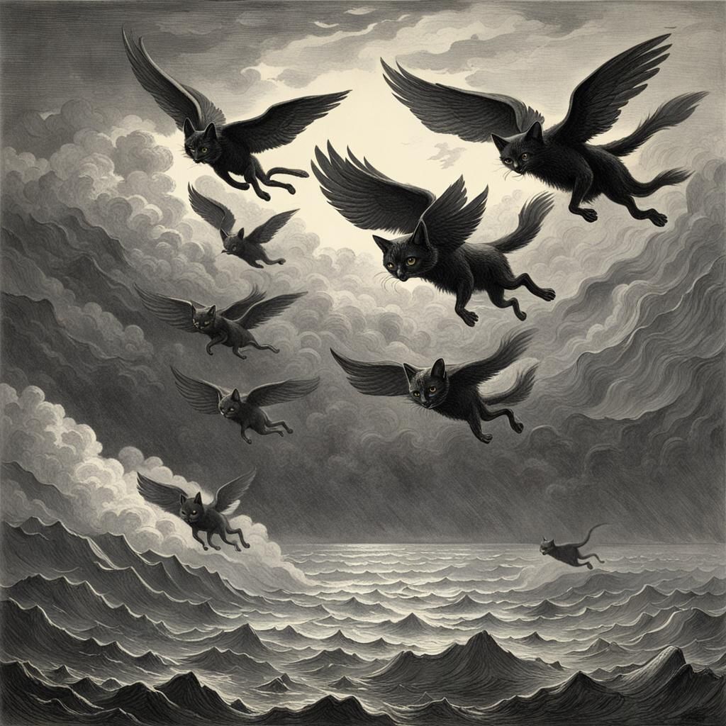 Flying Cats Over the Ocean: A Gothic Horror Scene