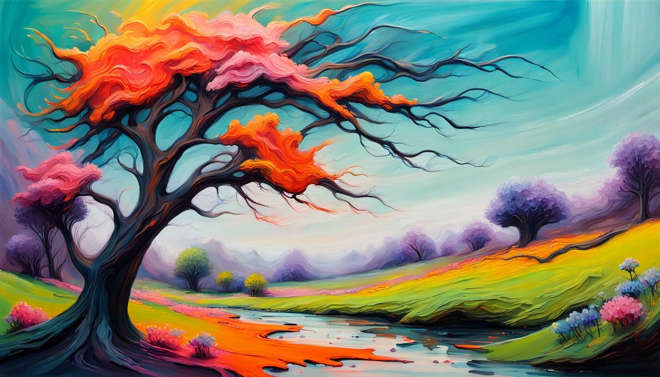 Calligraphic Landscape with Wildflowers as Impasto Painting