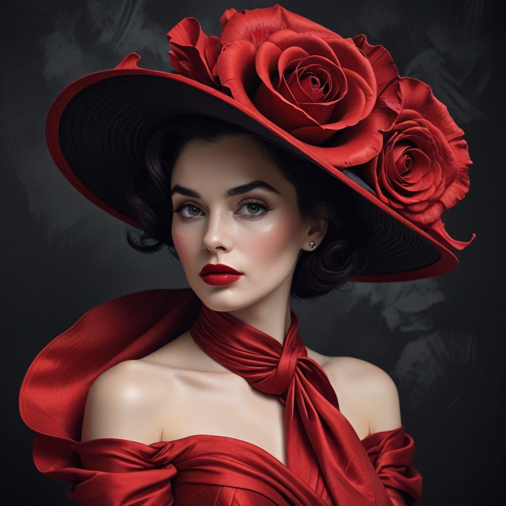 Surrealist Woman in Crimson Rose-Hat, Dark Background