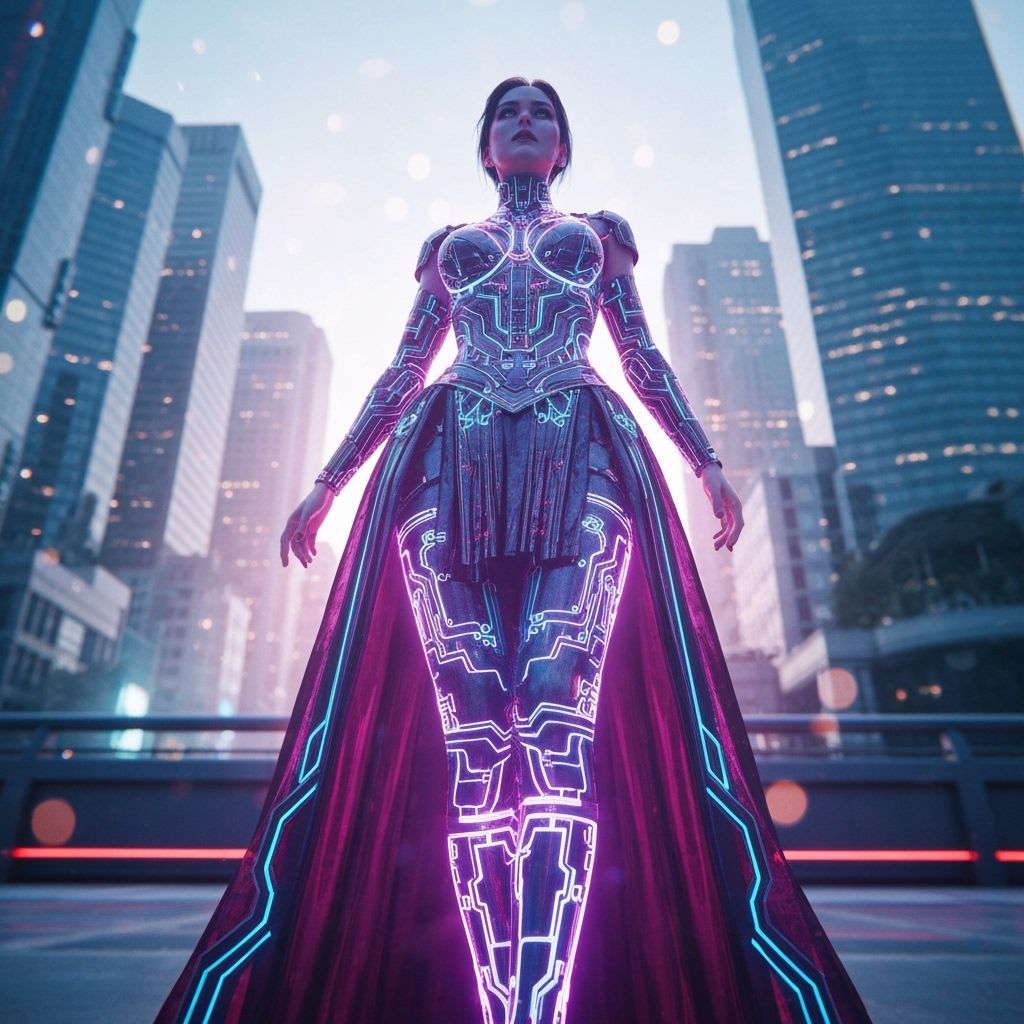 Hyperrealistic Cyborg Woman in Psychedelic Attire