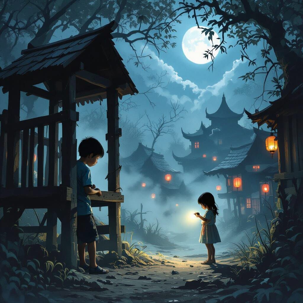 Eerie Thai Playground Night Scene in Hyperdetailed Style
