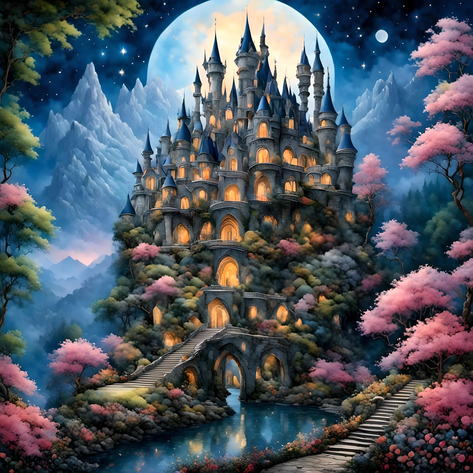 <lora:Pink Snow WaterCol 1:1.0> <lora:Midnight Garden:1.0> beautiful fantasy fairy castle,  black black night, bright br...