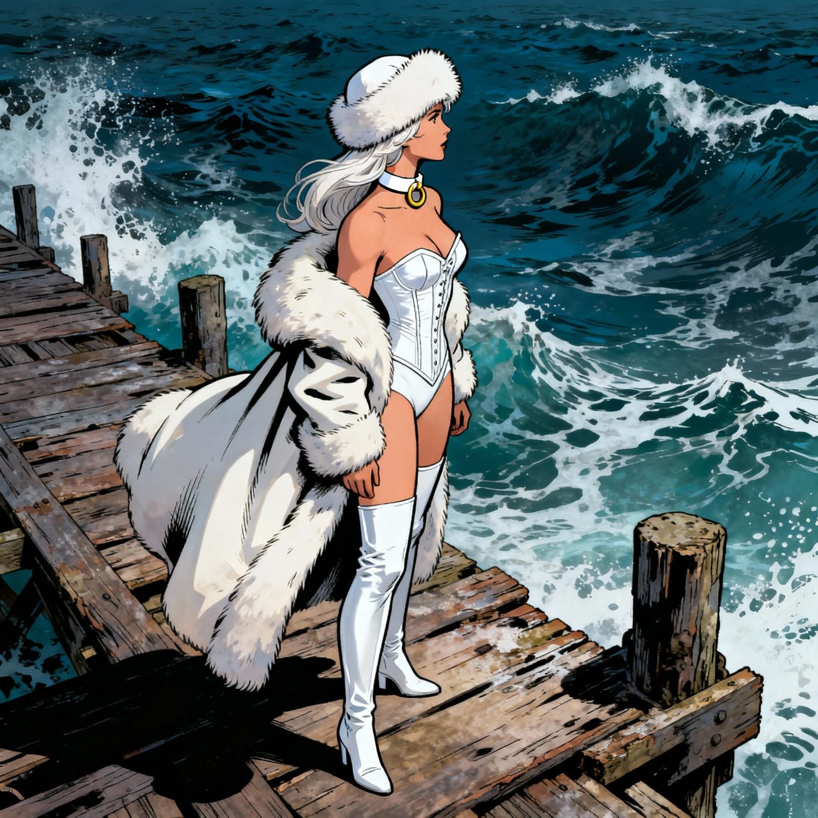 Emma Frost Gazes at Stormy Sea in White Fur