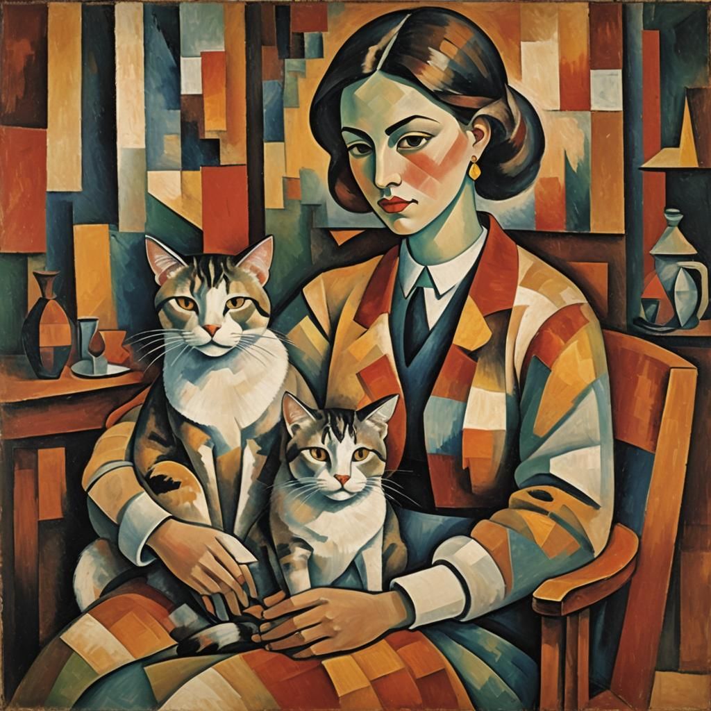 Cubist Woman with Cat in Cozy Room