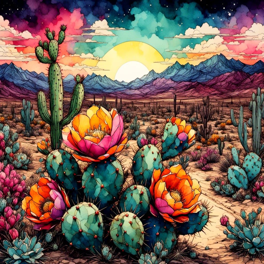 Neon Prickly Pear in Sunny Desert