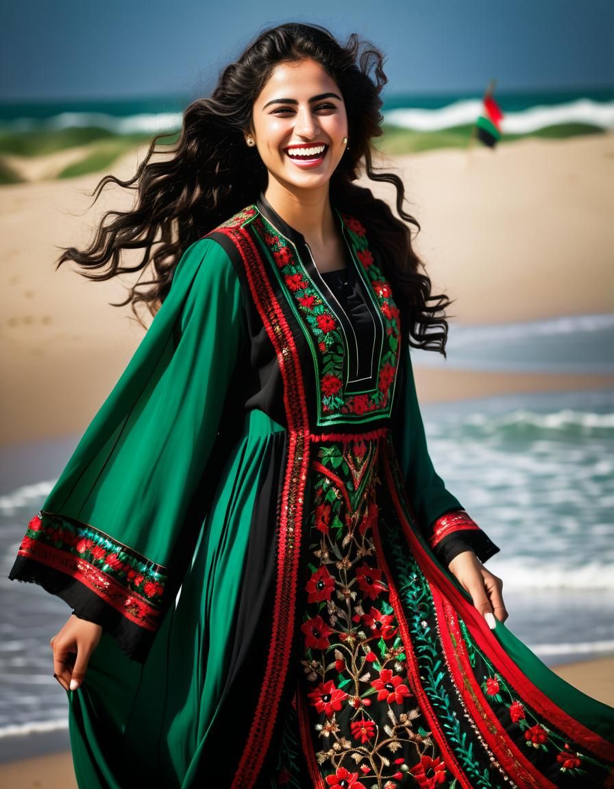 Palestinian Woman in Traditional Dress on Gaza Beach