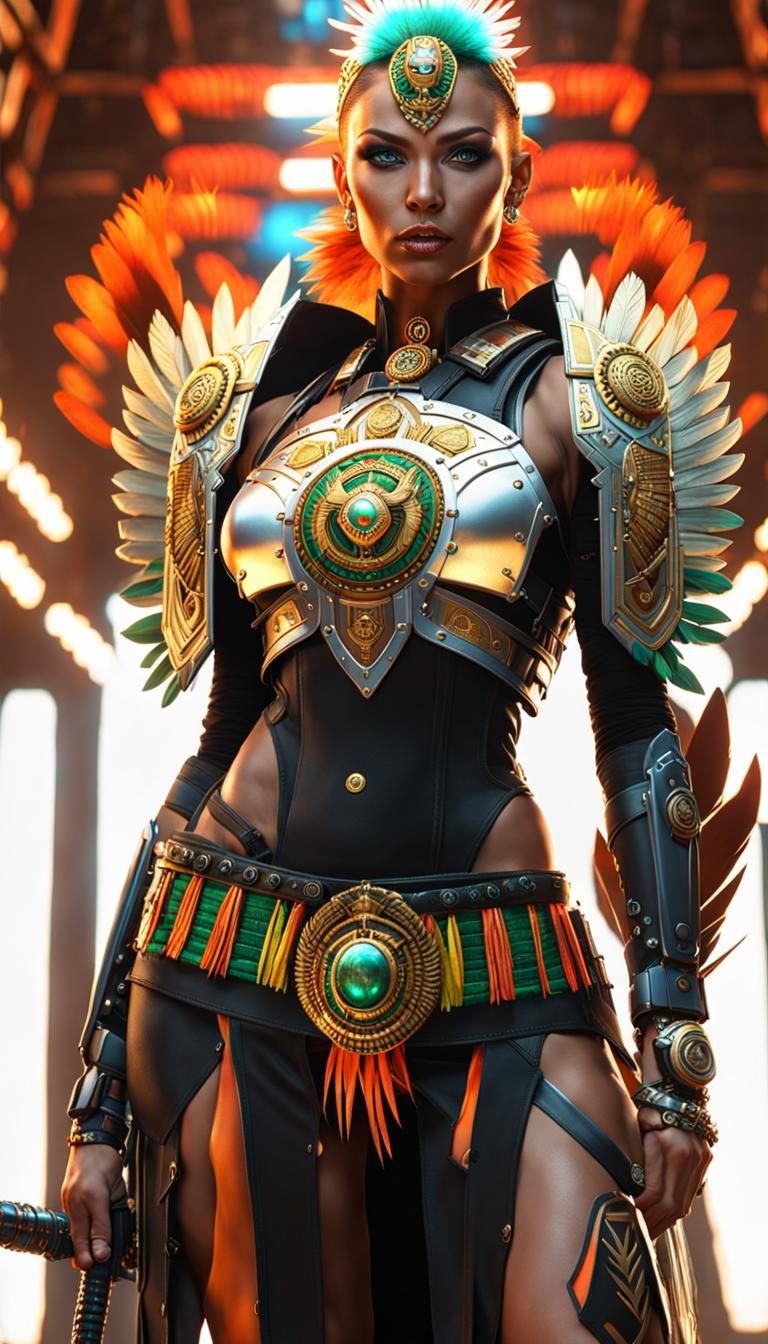 Aztec Warrior Woman with Flaming Sword in Cyberpunk Style