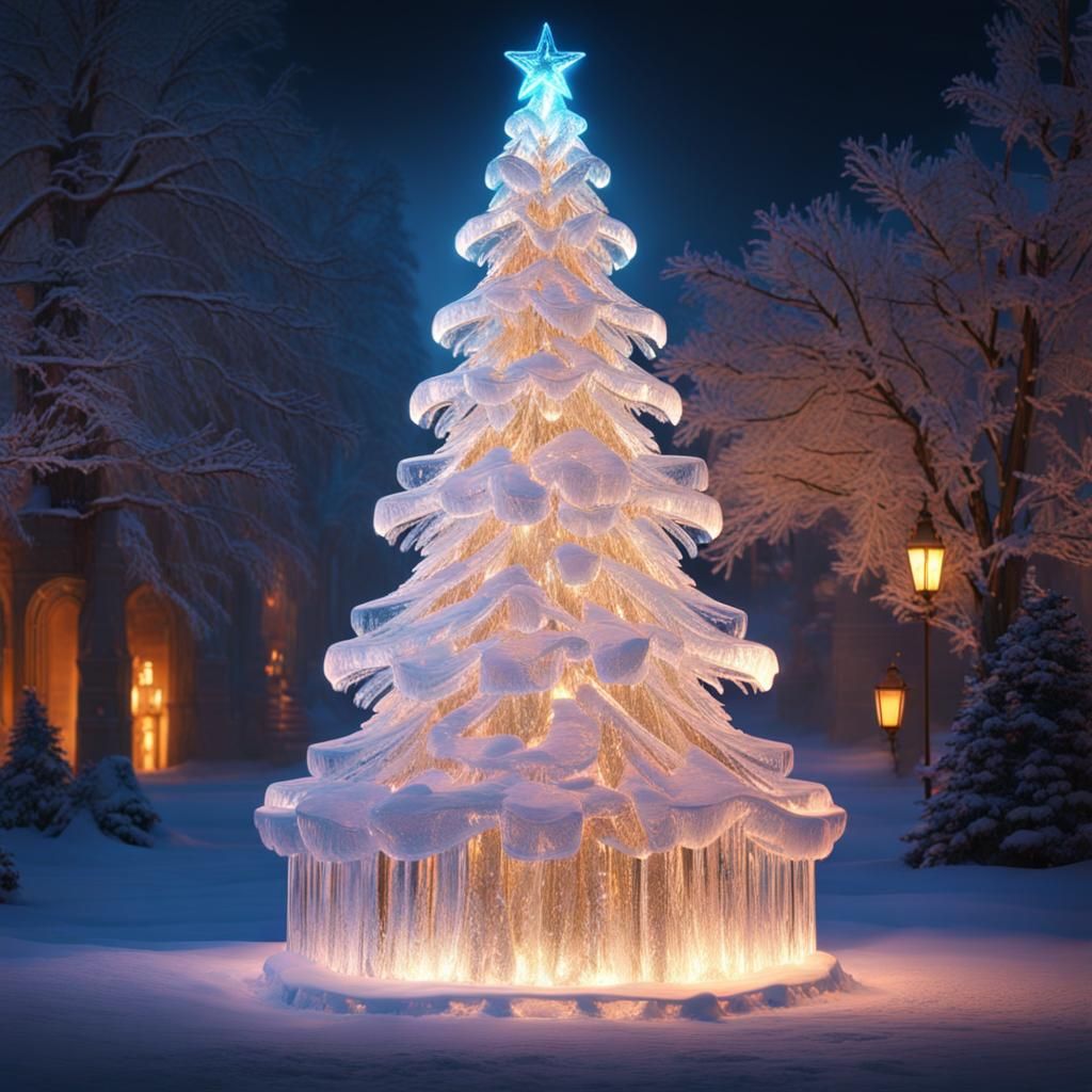 Cinematic Christmas Tree Ice Sculpture in 8K
