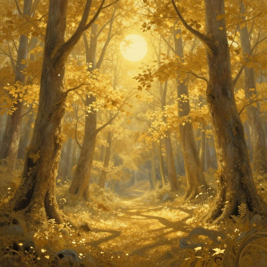 Golden Forest Landscape in Magical Realism Style