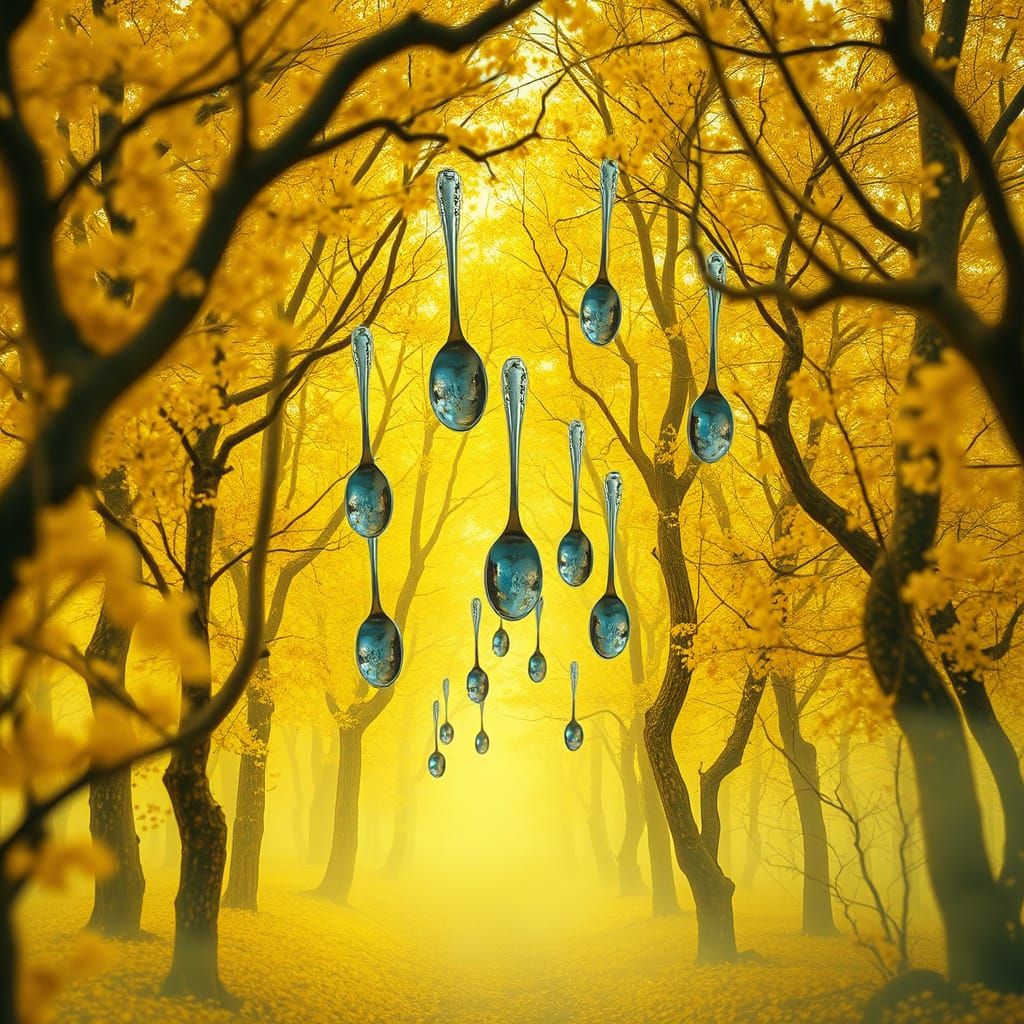 Whimsical Yellow Forest With Floating Spoons