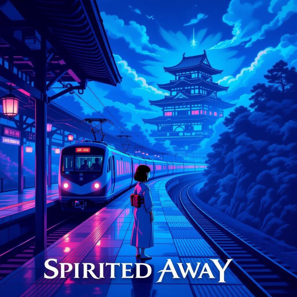 Adult Chihiro on Neon Train Platform, Cyberpunk Spirited Awa...