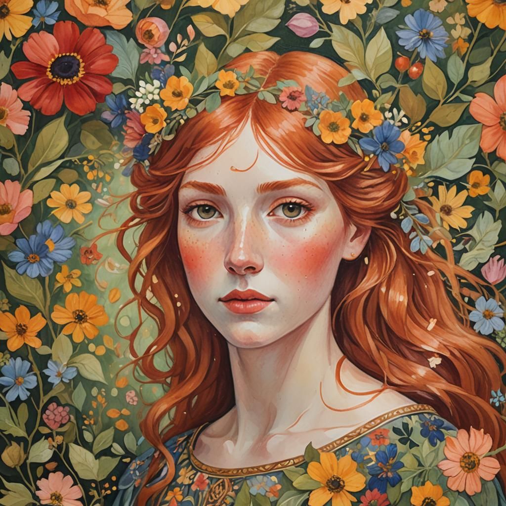 Redhead Fairy Portrait in German Folk Art Style