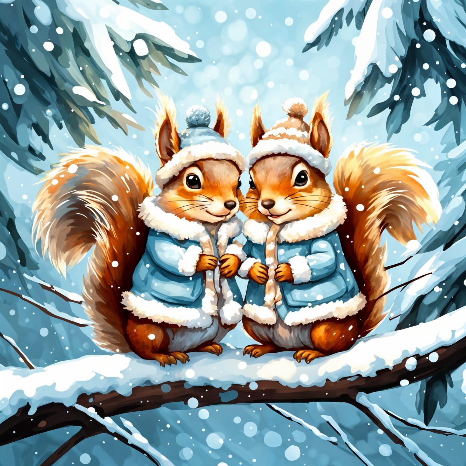 Fauvist Squirrels in Snowy Whimsy