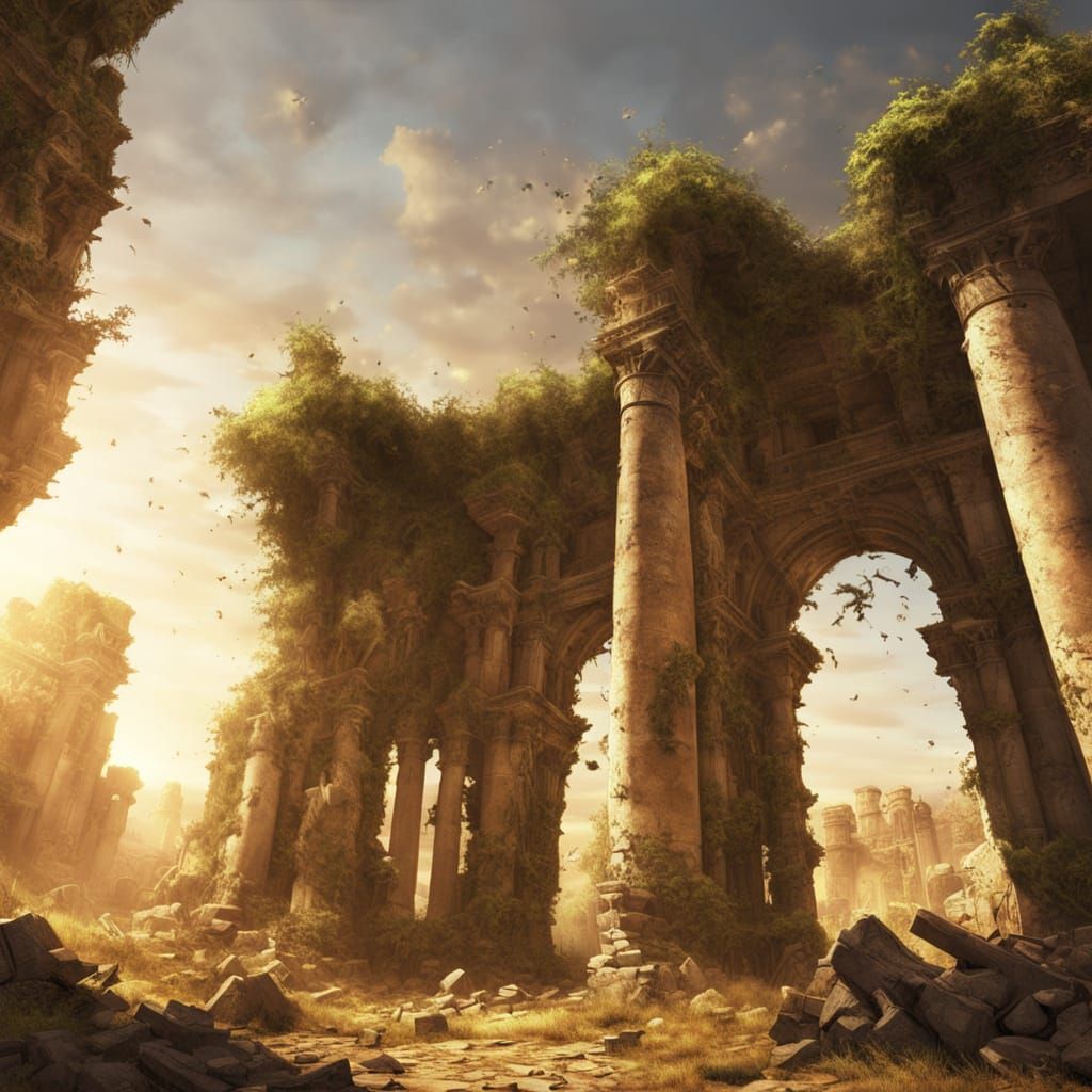 Majestic Desert Ruins in Golden Sunset Light